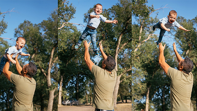 Series of photos at the golden hour of a dad and his son
